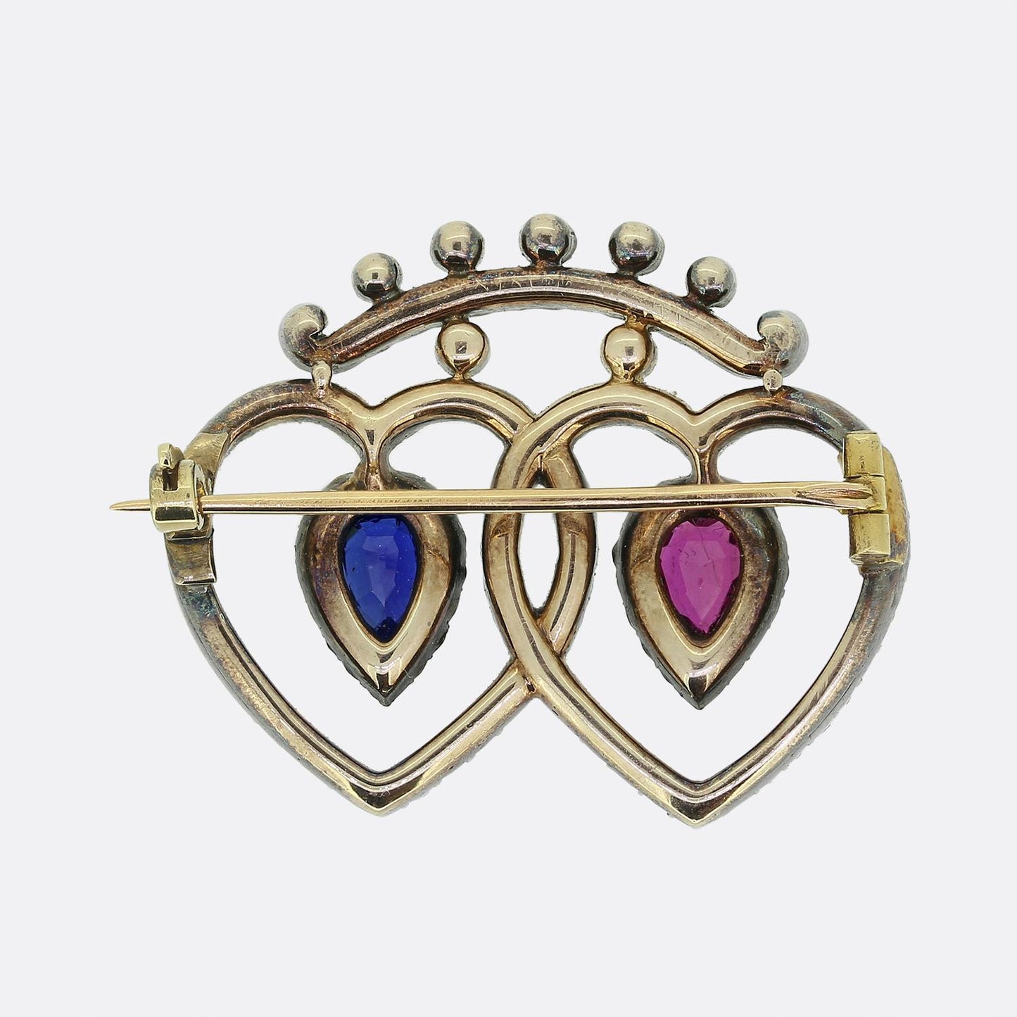 Georgian Ruby Sapphire and Diamond Love Heart Brooch