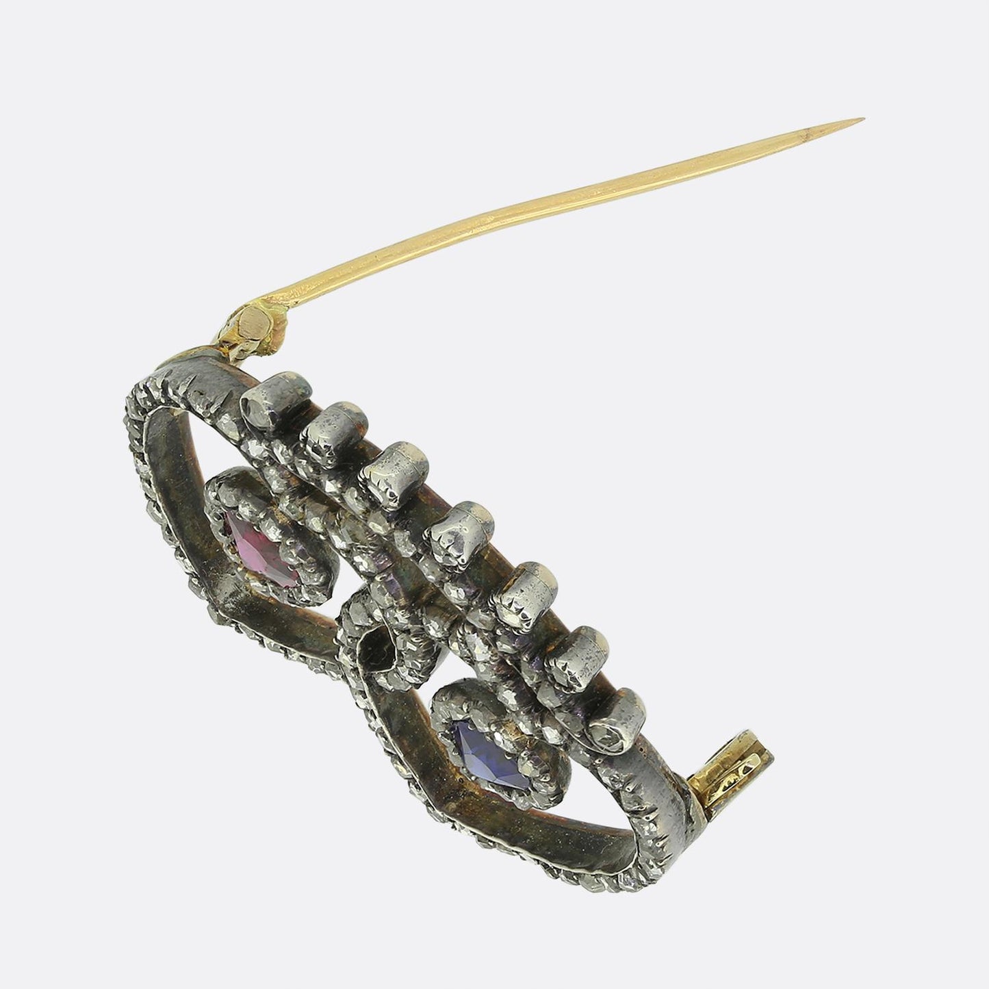 Georgian Ruby Sapphire and Diamond Love Heart Brooch