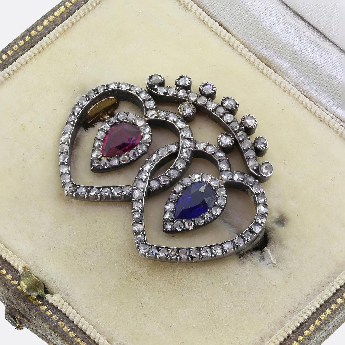 Georgian Ruby Sapphire and Diamond Love Heart Brooch