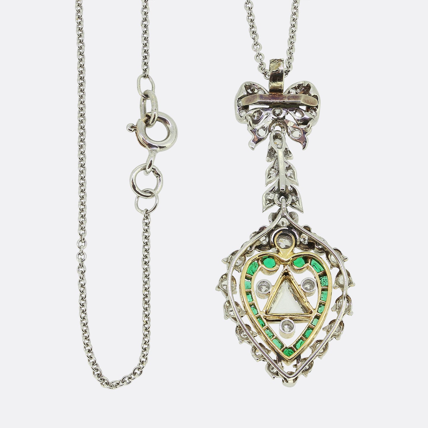 Edwardian Emerald and Diamond Heart Pendant Necklace