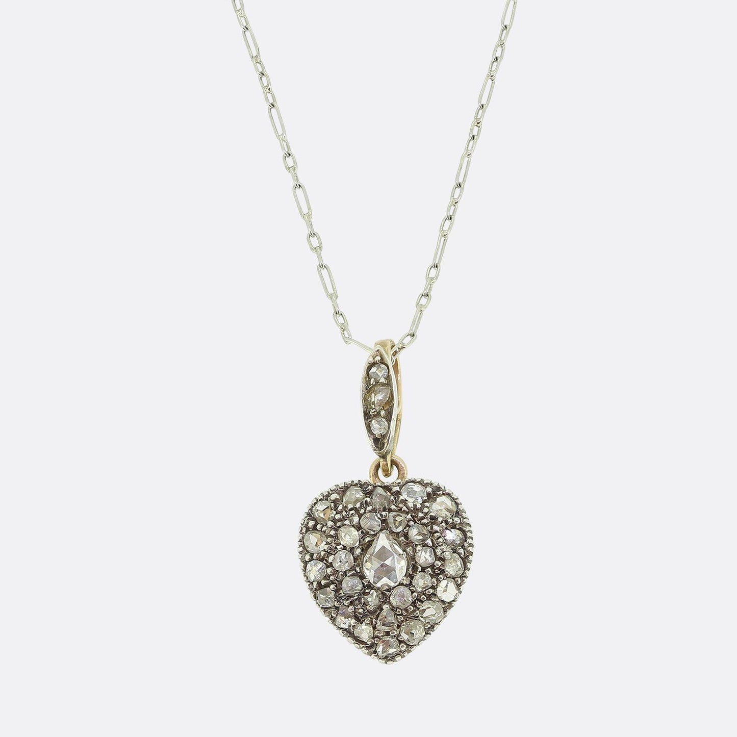 Antique Rose Cut Diamond Heart Pendant Necklace