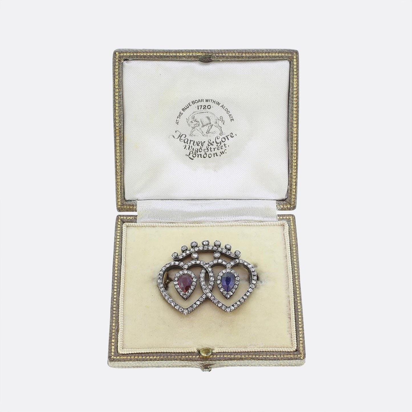 Georgian Ruby Sapphire and Diamond Love Heart Brooch