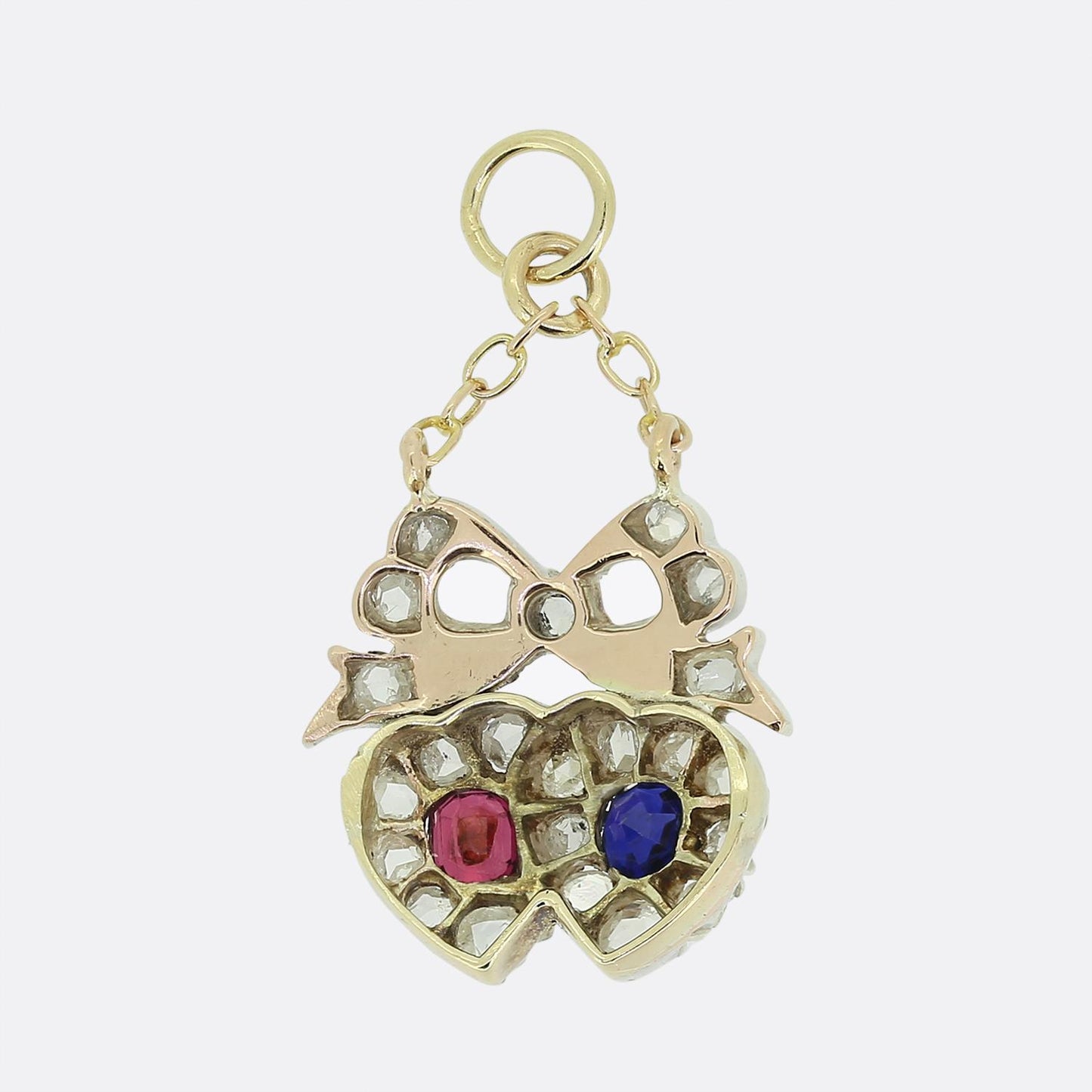 Victorian Ruby Sapphire and Diamond Double Heart Pendant