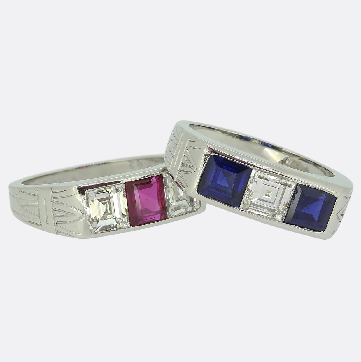Cartier Ruby Sapphire and Diamond Three-Stone Rings Set