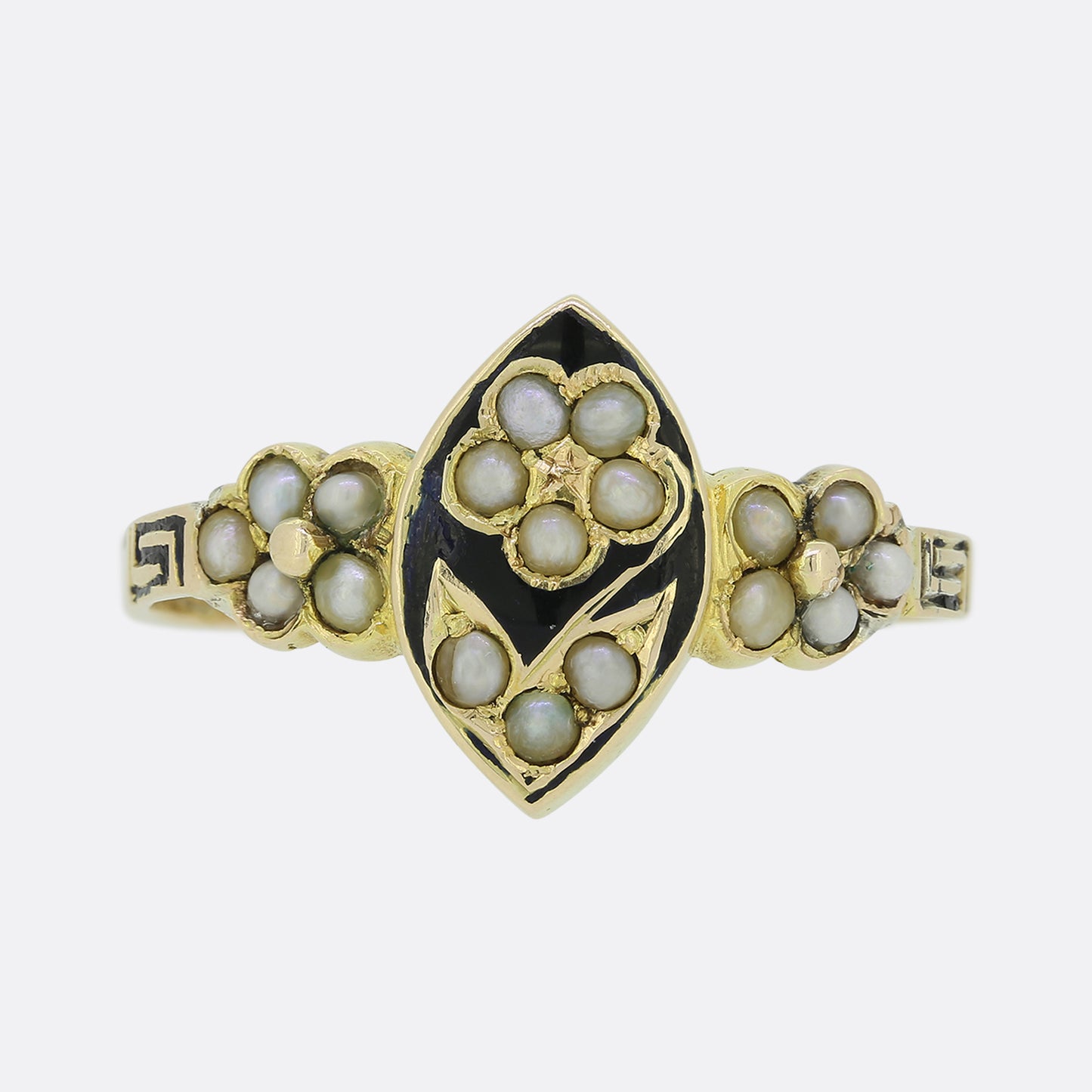 Victorian Pearl and Black Enamel Flower Ring