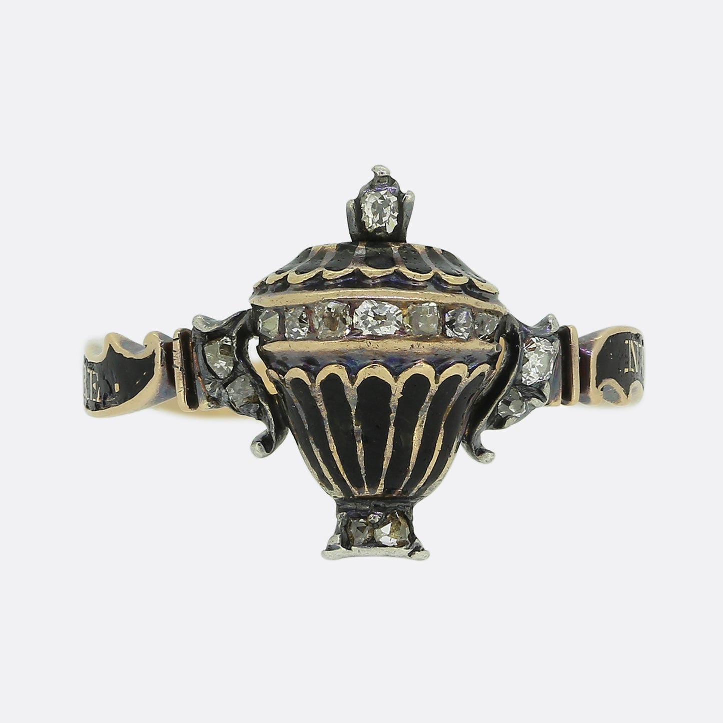 Georgian Diamond and Black Enamel Urn Locket Ring Size K