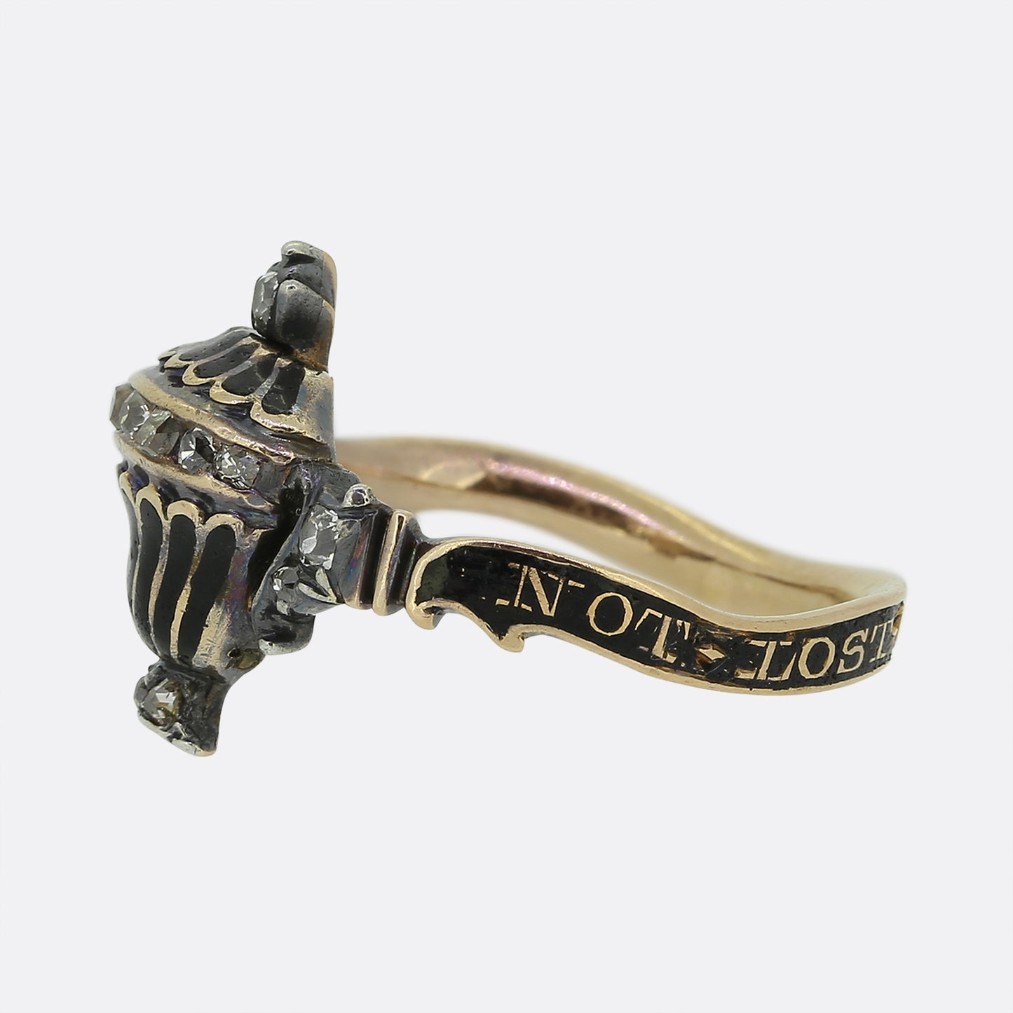 Georgian Diamond and Black Enamel Urn Locket Ring Size K