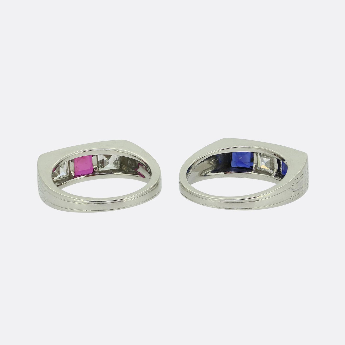 Cartier Art Deco Ruby Sapphire and Diamond Three-Stone Rings Set