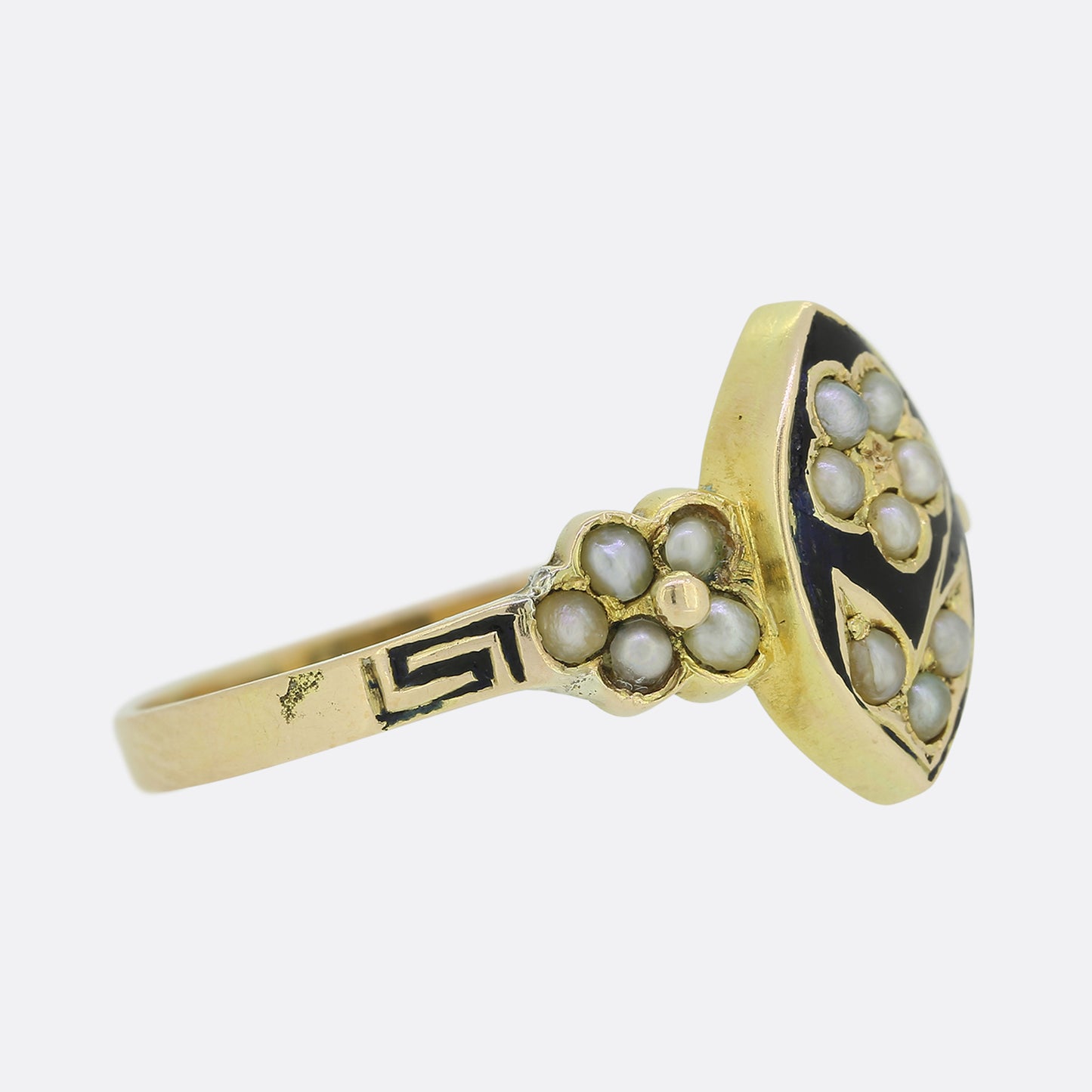 Victorian Pearl and Black Enamel Flower Ring