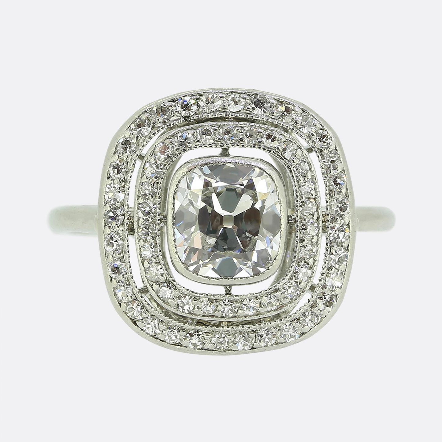 Art Deco 1.10 Carat Old Cushion Cut Diamond Double Halo Ring