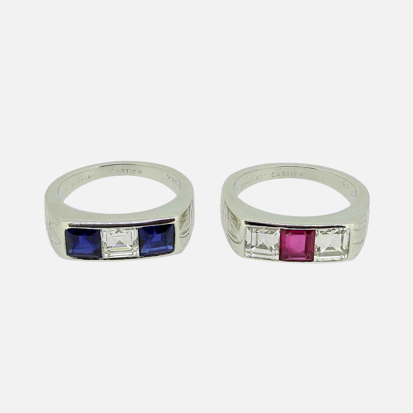 Cartier Art Deco Ruby Sapphire and Diamond Three-Stone Rings Set
