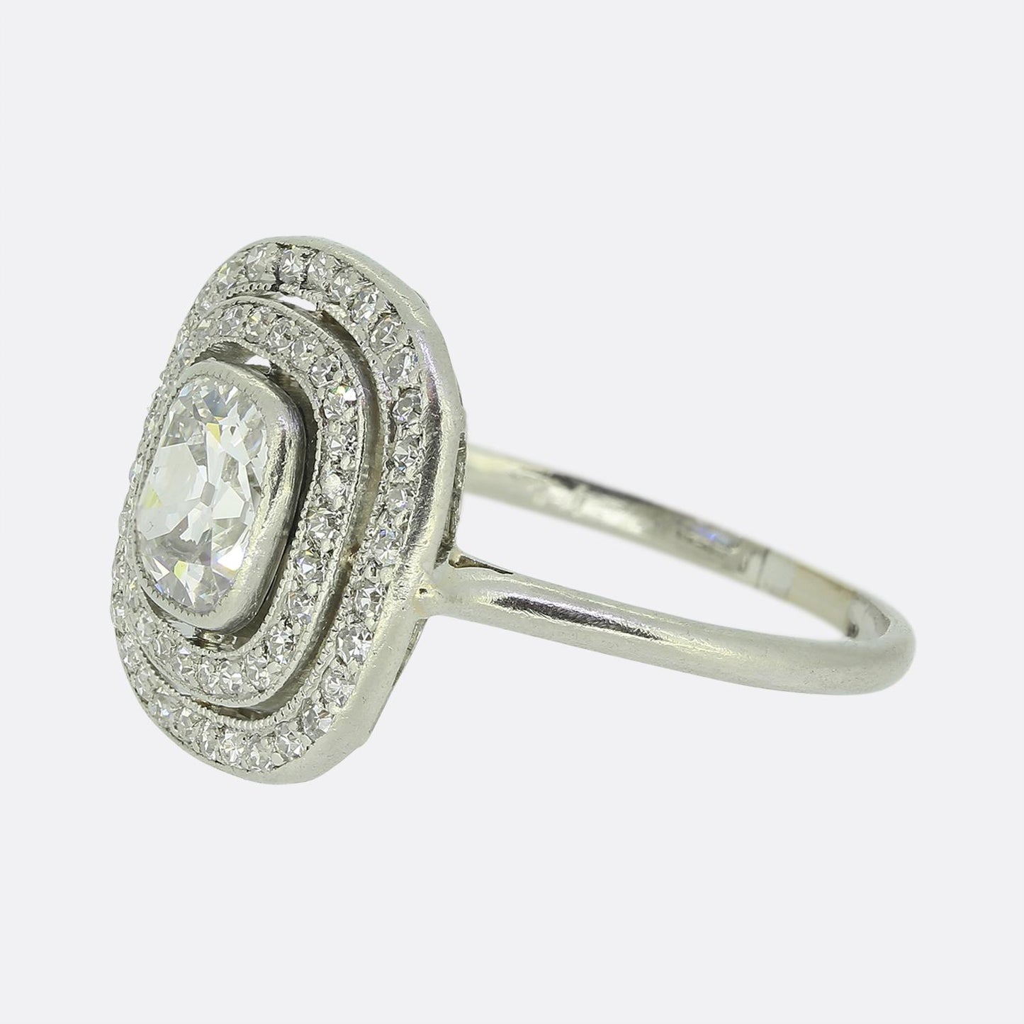 Art Deco 1.10 Carat Old Cushion Cut Diamond Double Halo Ring
