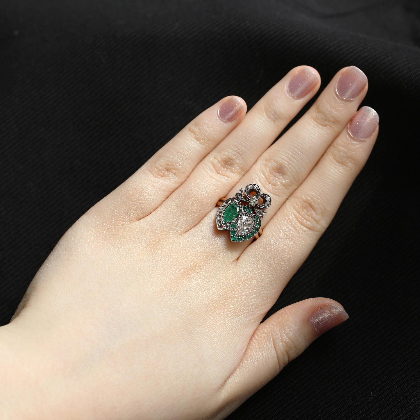 Victorian Emerald and Diamond Double Heart Ring