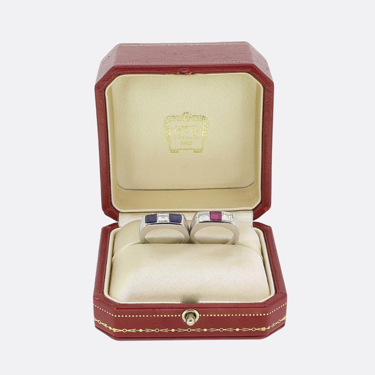 Cartier Art Deco Ruby Sapphire and Diamond Three-Stone Rings Set