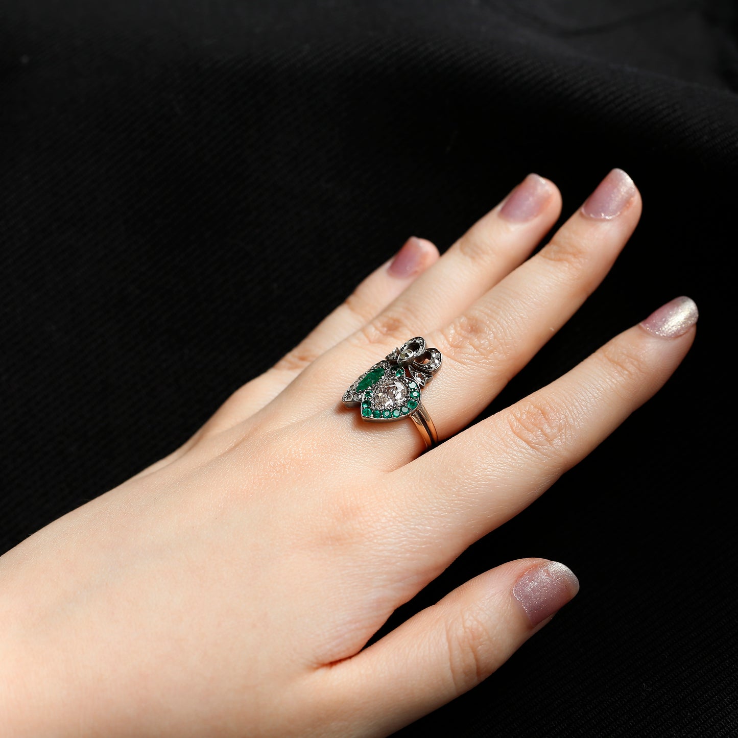 Victorian Emerald and Diamond Double Heart Ring
