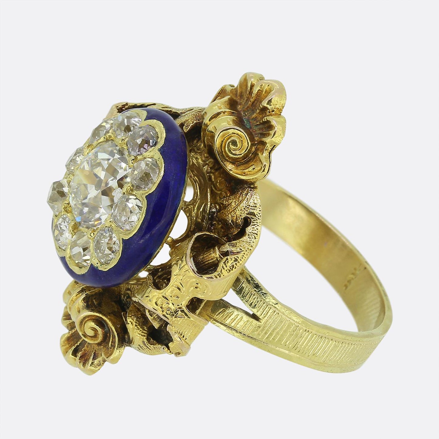 Victorian Old Cut Diamond Cluster and Enamel Dress Ring