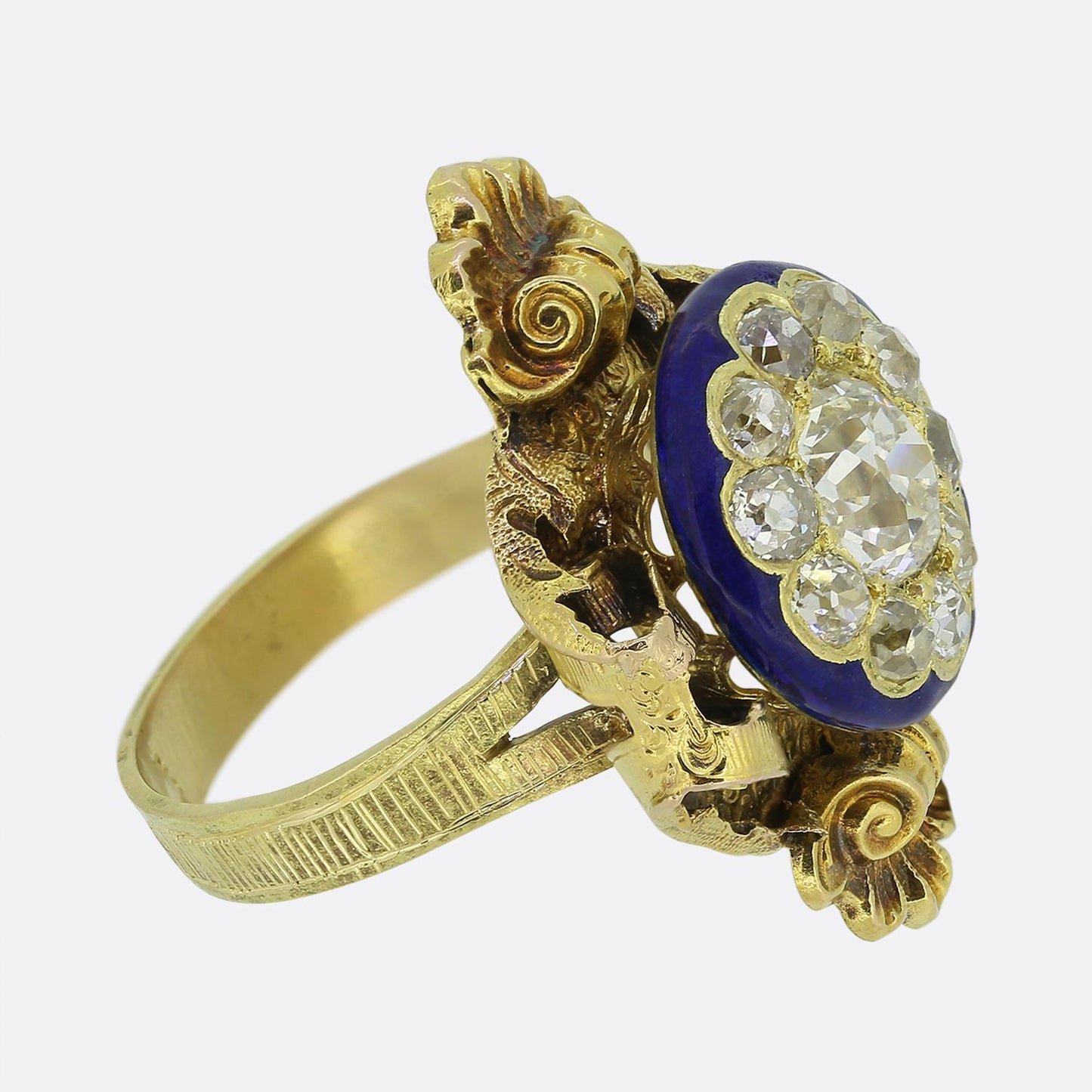 Victorian Old Cut Diamond Cluster and Enamel Dress Ring