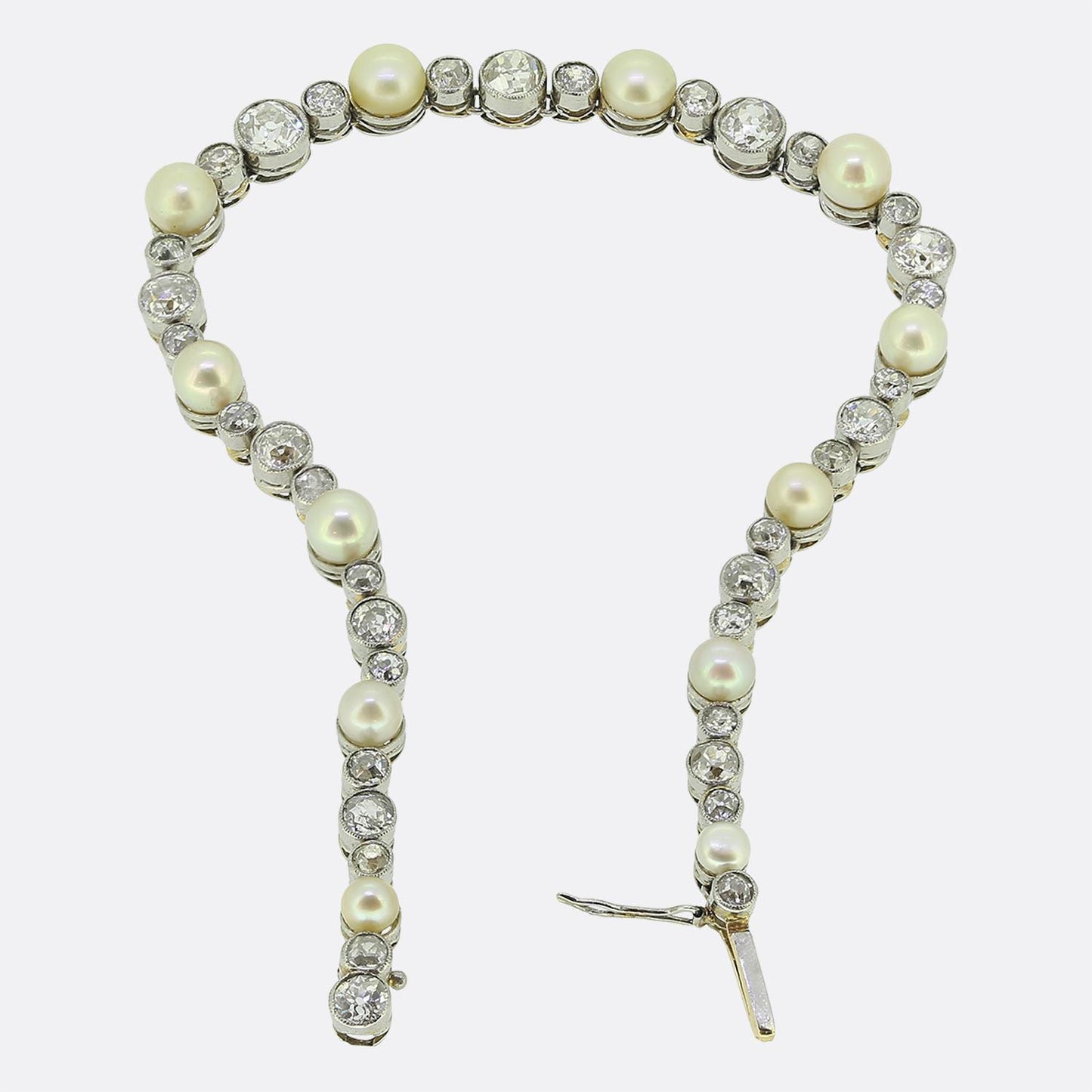 Art Deco Natural Pearl and Old Cut Diamond Line Bracelet