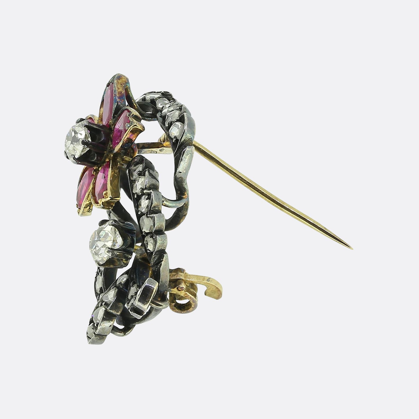 Victorian Burmese Ruby and Diamond Flower Brooch