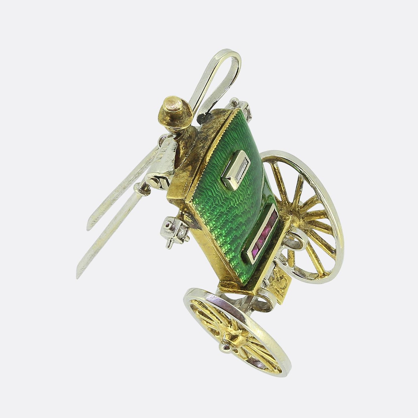 Art Deco Ruby Diamond and Enamel Stagecoach Hansom Cab Carriage Brooch