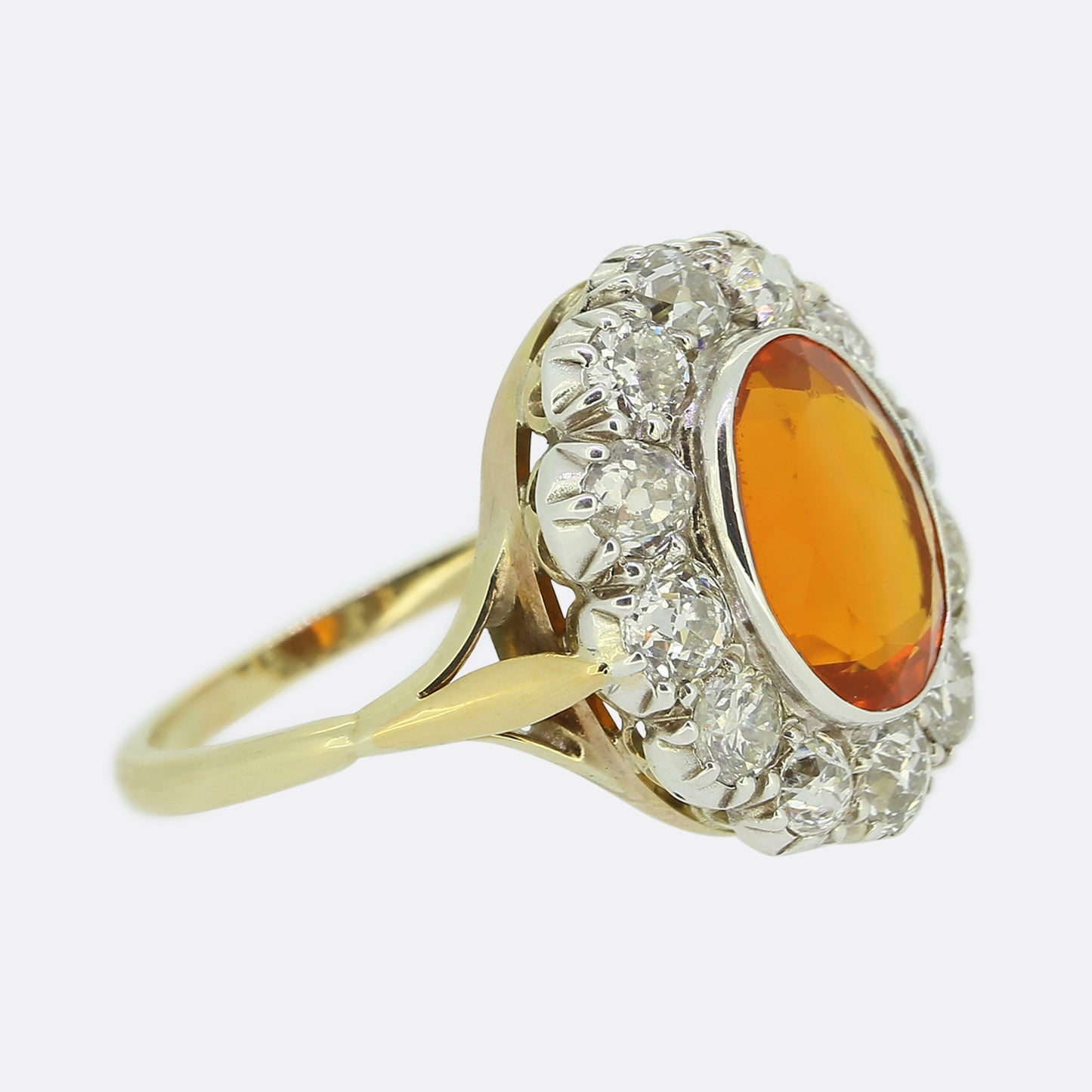 Edwardian Fire Opal and Old Cut Diamond Cluster Ring