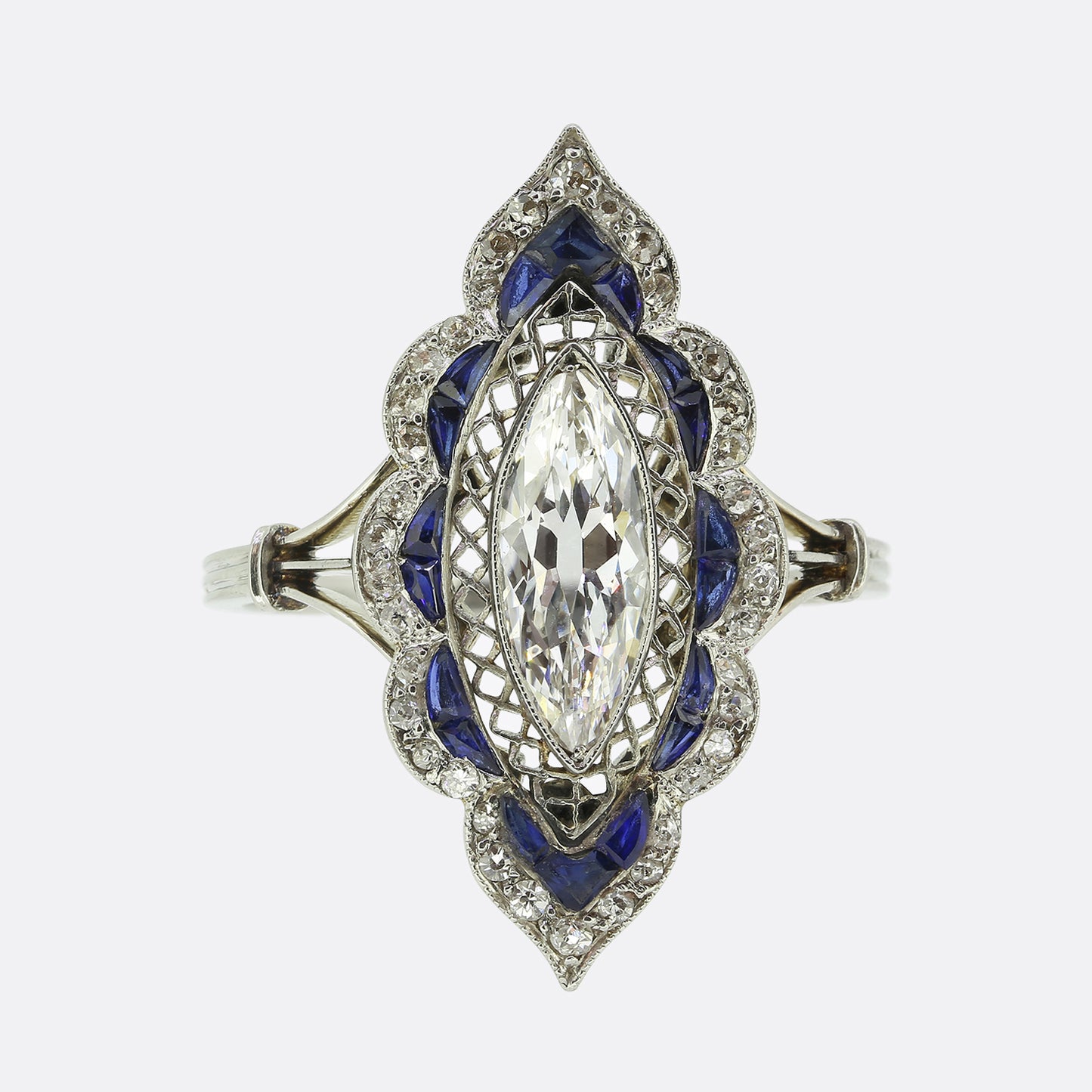 Art Deco Marquise Cut Diamond and Sapphire Navette Ring