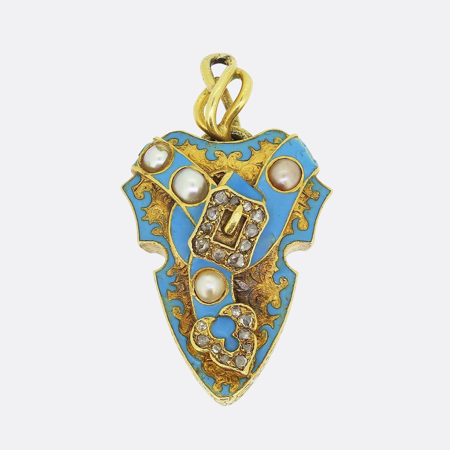 Victorian Pearl Diamond and Enamel Buckle Locket Pendant