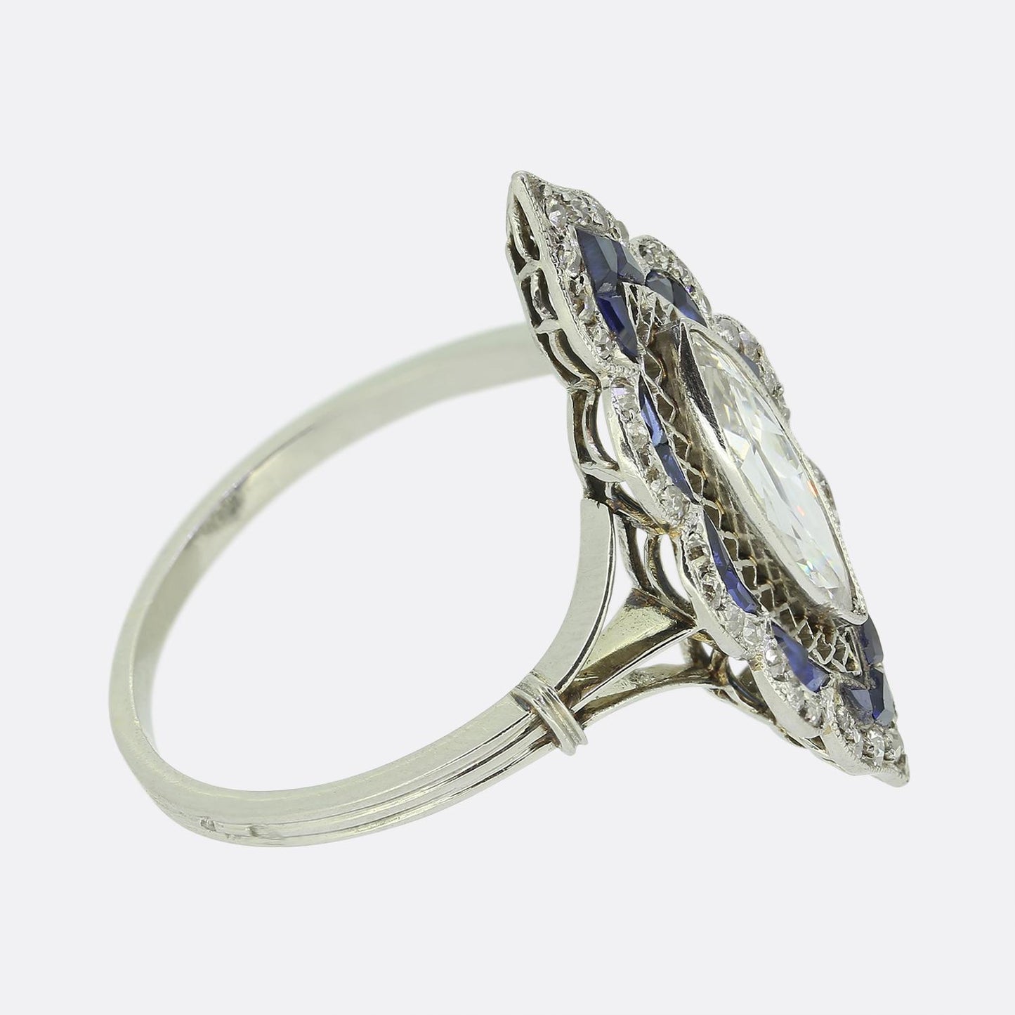 Art Deco Marquise Cut Diamond and Sapphire Navette Ring