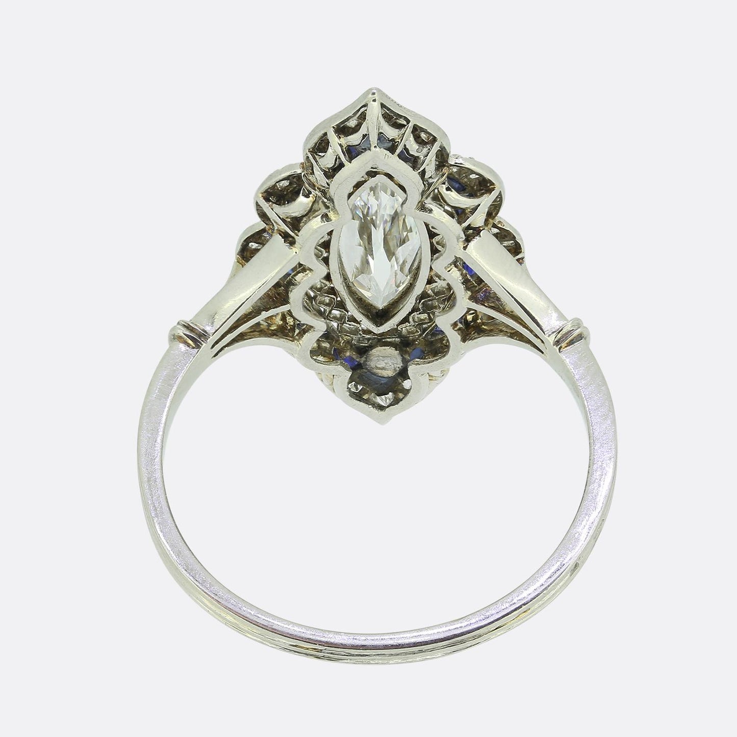 Art Deco Marquise Cut Diamond and Sapphire Navette Ring