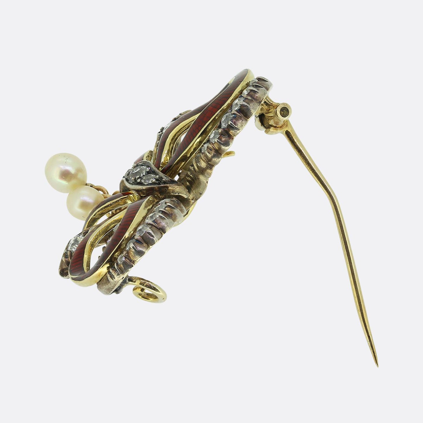 Victorian Red Enamel Diamond and Pearl Bow Brooch