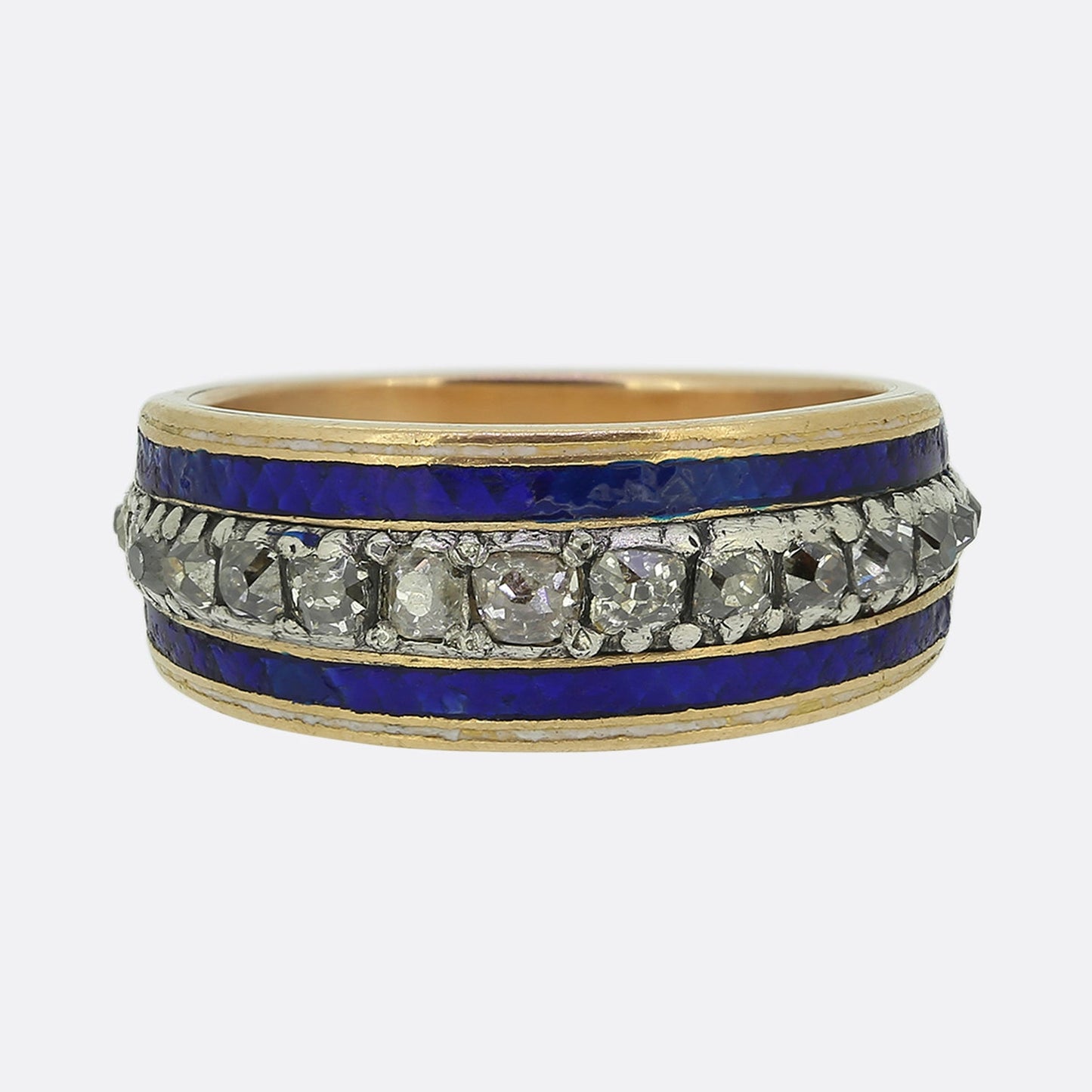 Antique Blue Enamel and Diamond Band Ring
