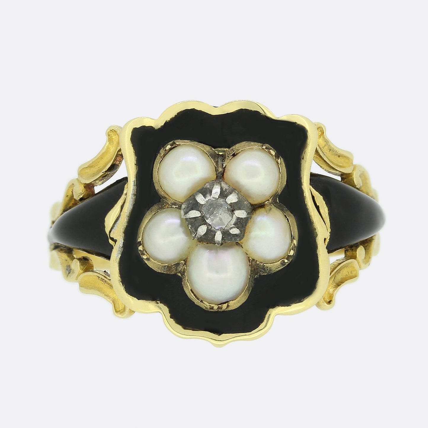 Georgian Pearl, Diamond and Enamel Mourning Locket Ring