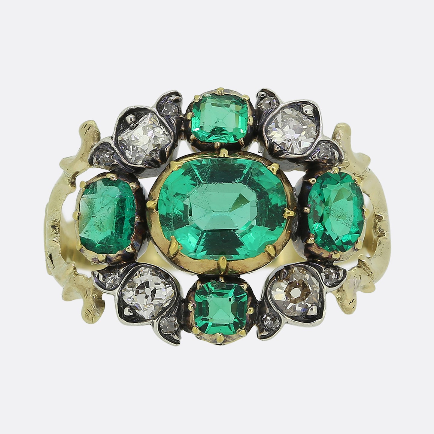 Georgian Emerald and Diamond Cluster Ring