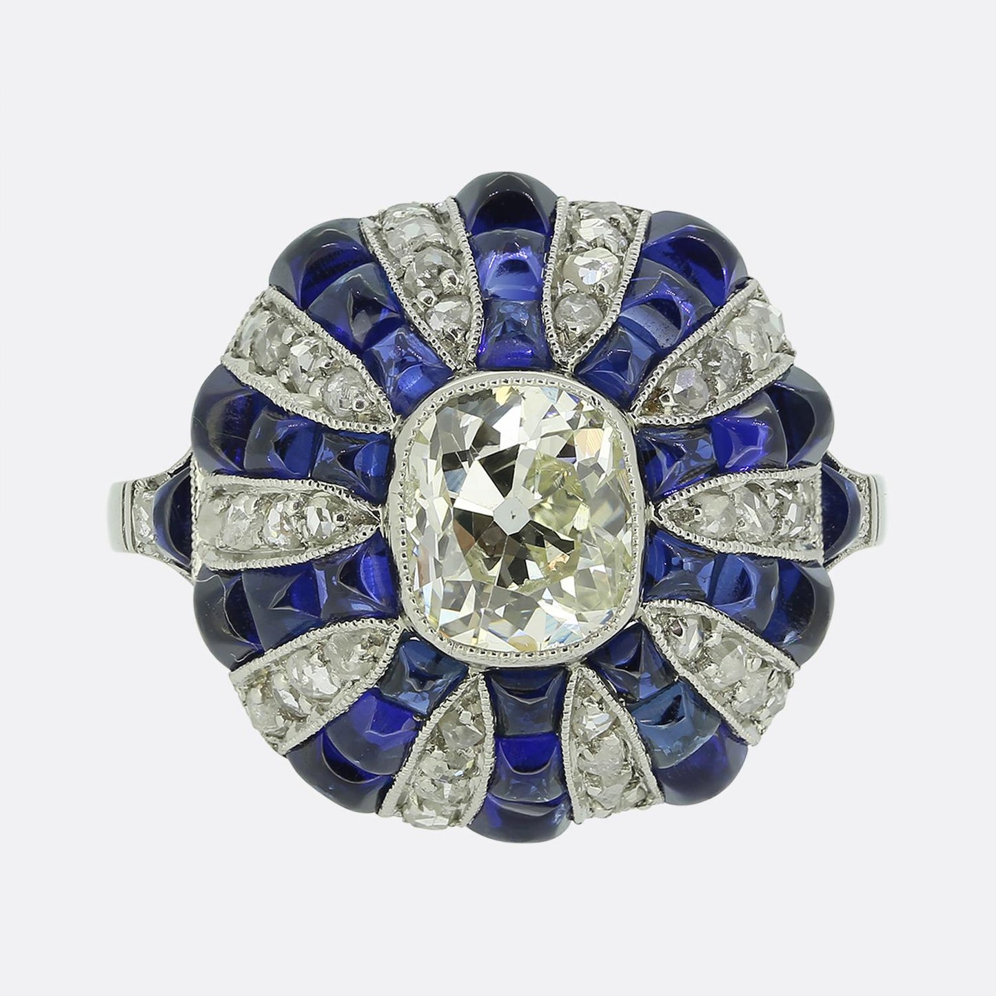 Art Deco Style Sapphire and Diamond Cluster Bombe Ring