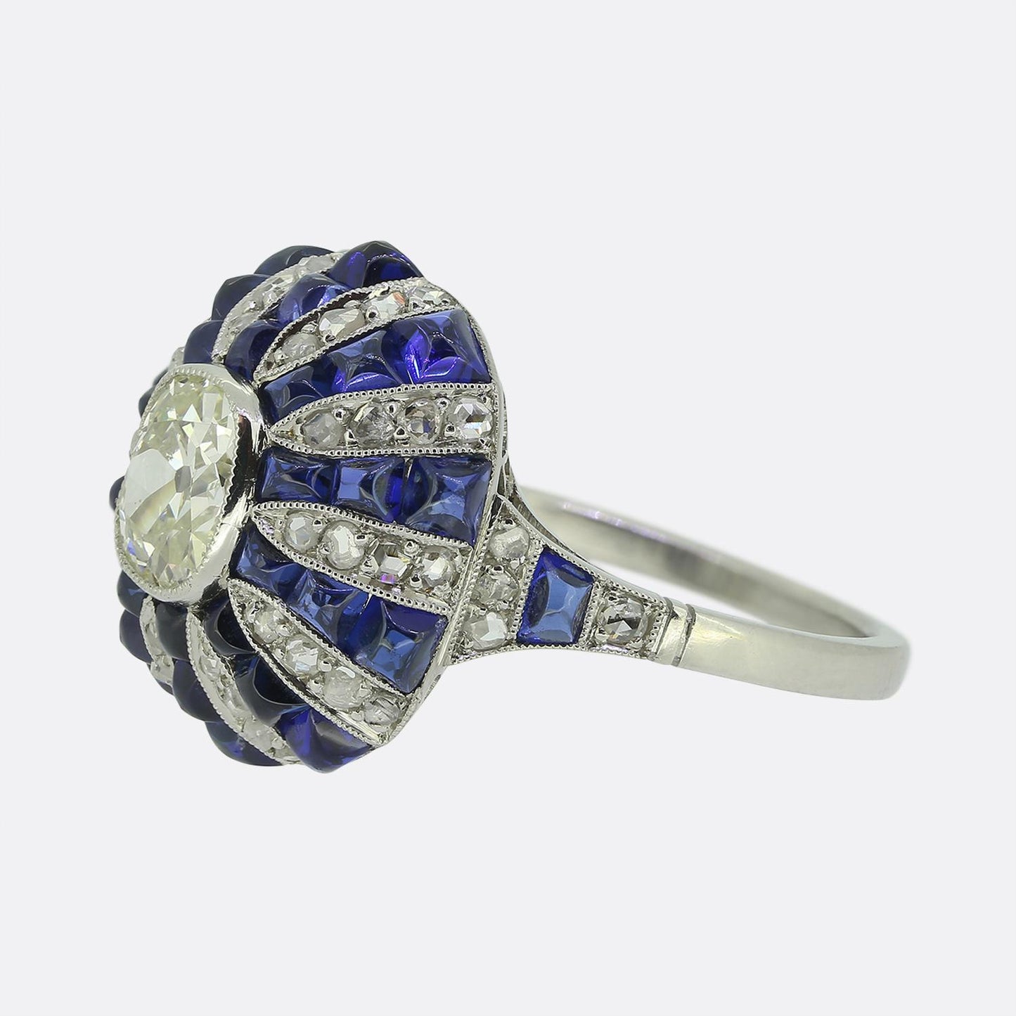 Art Deco Style Sapphire and Diamond Cluster Bombe Ring