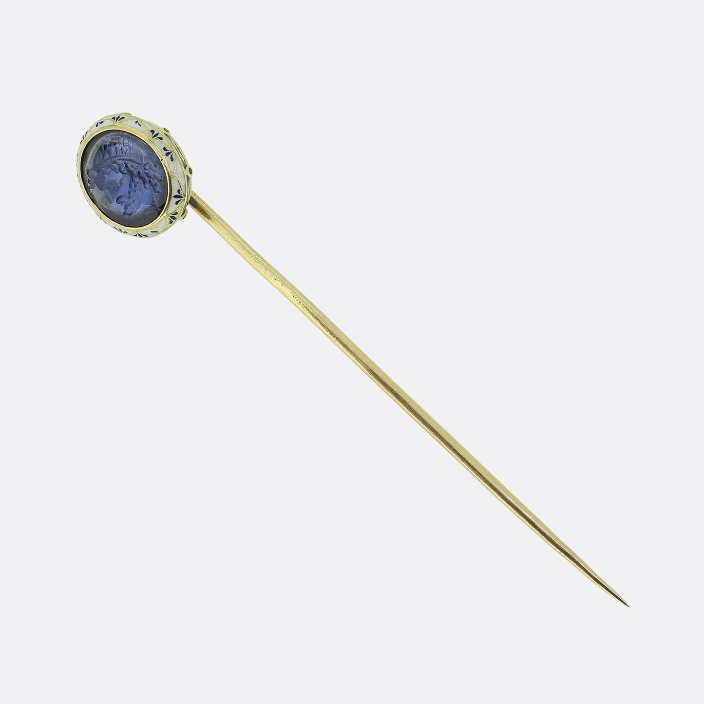 Antique Sapphire Roman Bust Intaglio and Enamel Stick Pin
