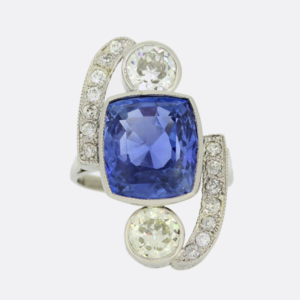 Art Deco 9.20 Carat Unheated Ceylon Sapphire and Diamond Ring