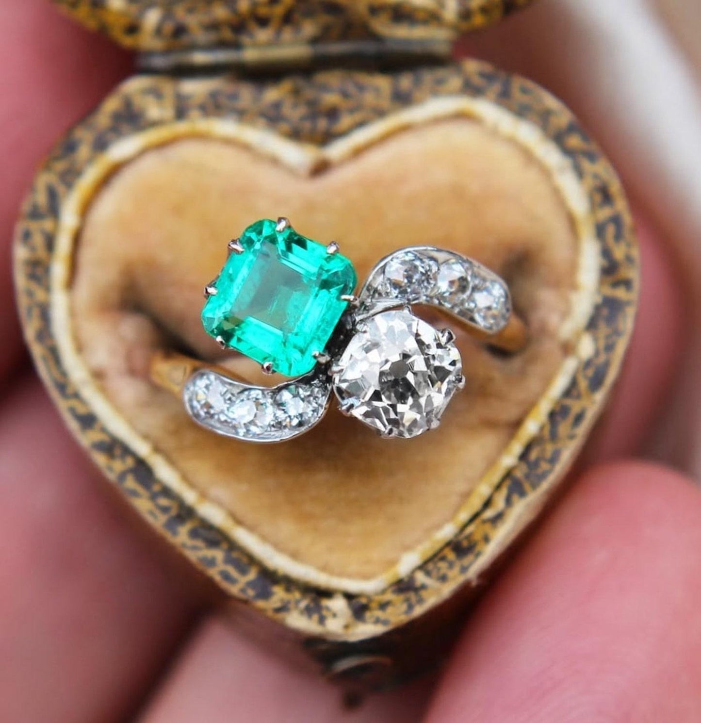 Antique Emerald and Diamond Toi Et Moi Ring