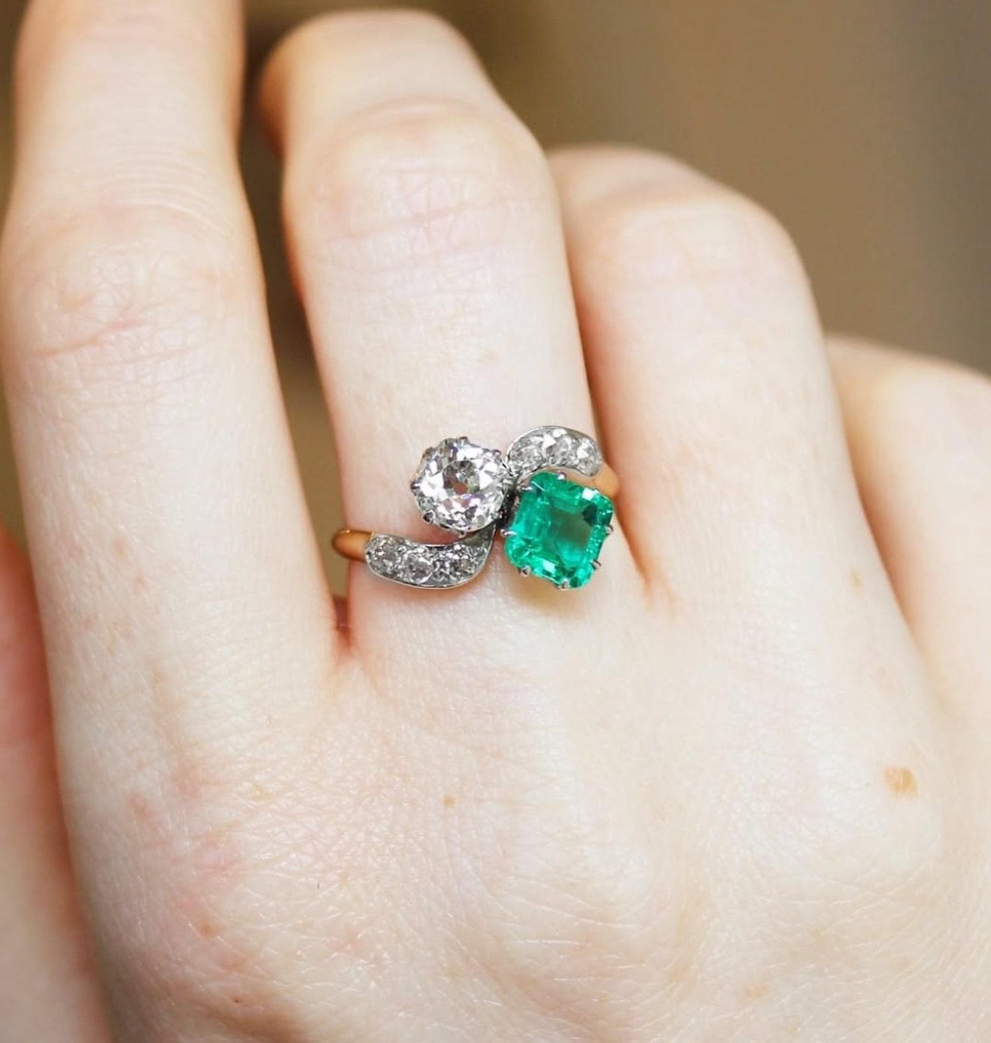 Antique Emerald and Diamond Toi Et Moi Ring