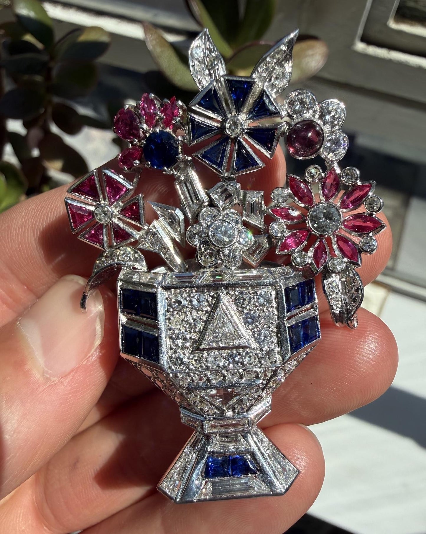 Art Deco Diamond Sapphire and Ruby Basket Brooch