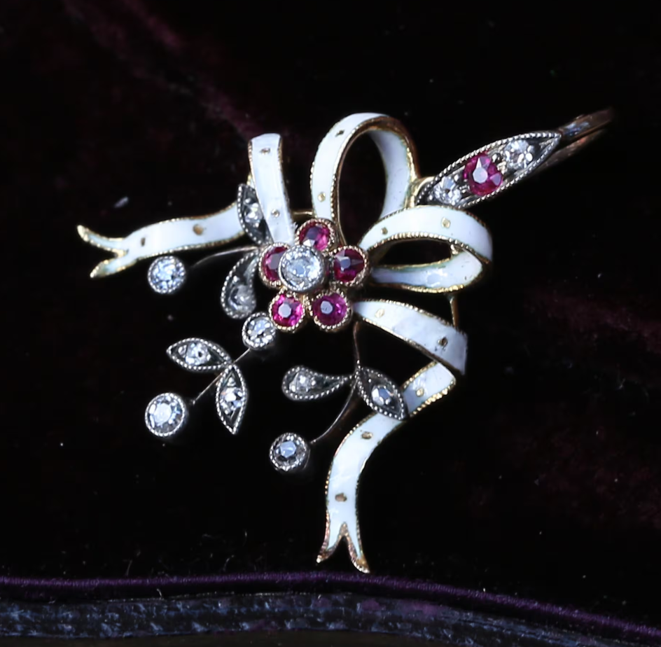 Victorian Ruby Diamond and White Enamel Floral Pendant