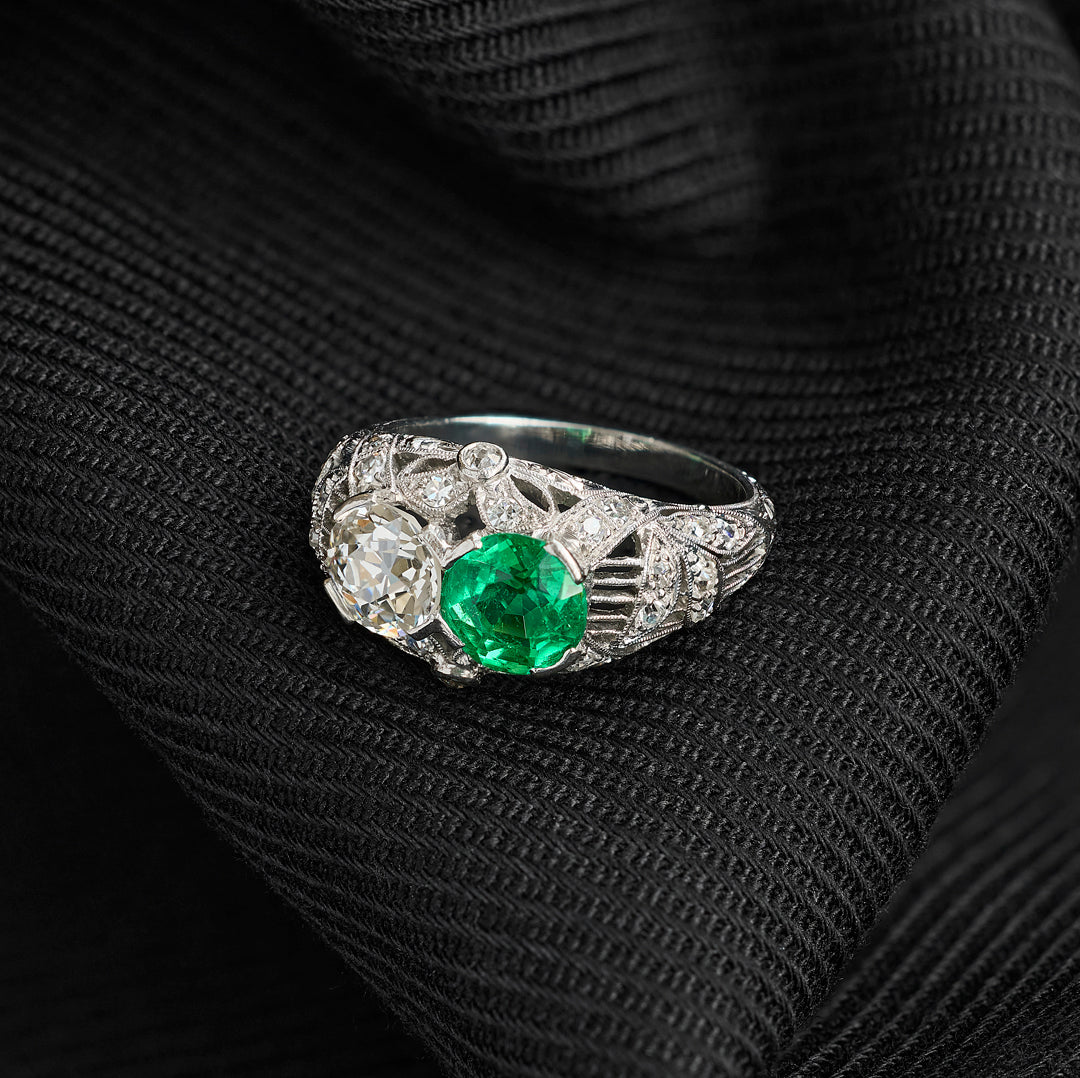 Art Deco Emerald and Diamond Two-Stone Filigree Ring