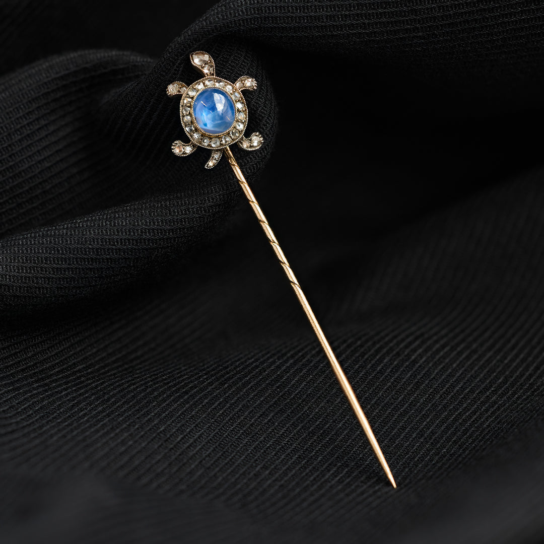 Edwardian Cabochon Sapphire and Diamond Tortoise Stick Pin