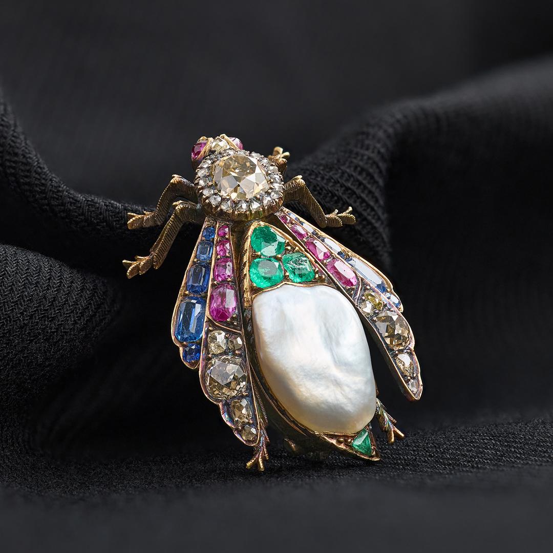Victorian Natural Pearl Diamond Emerald Sapphire and Ruby Bug Brooch
