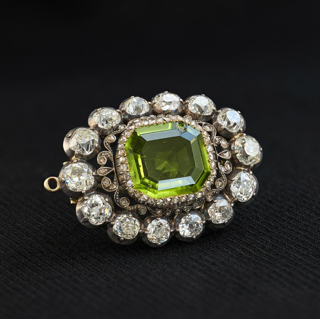 Antique 14.00 Carat Peridot and Diamond Brooch Pendant