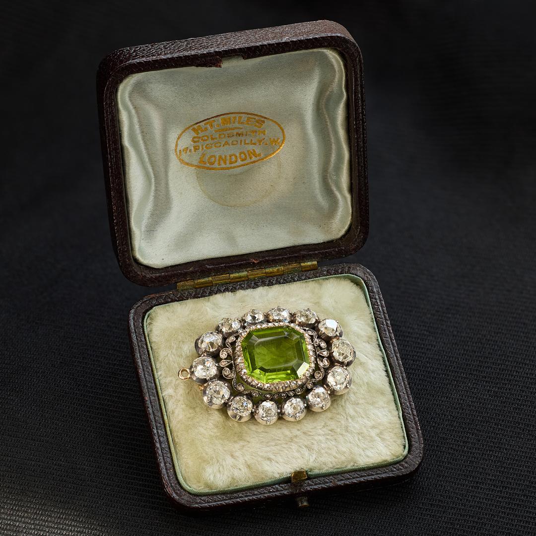 Antique 14.00 Carat Peridot and Diamond Brooch Pendant