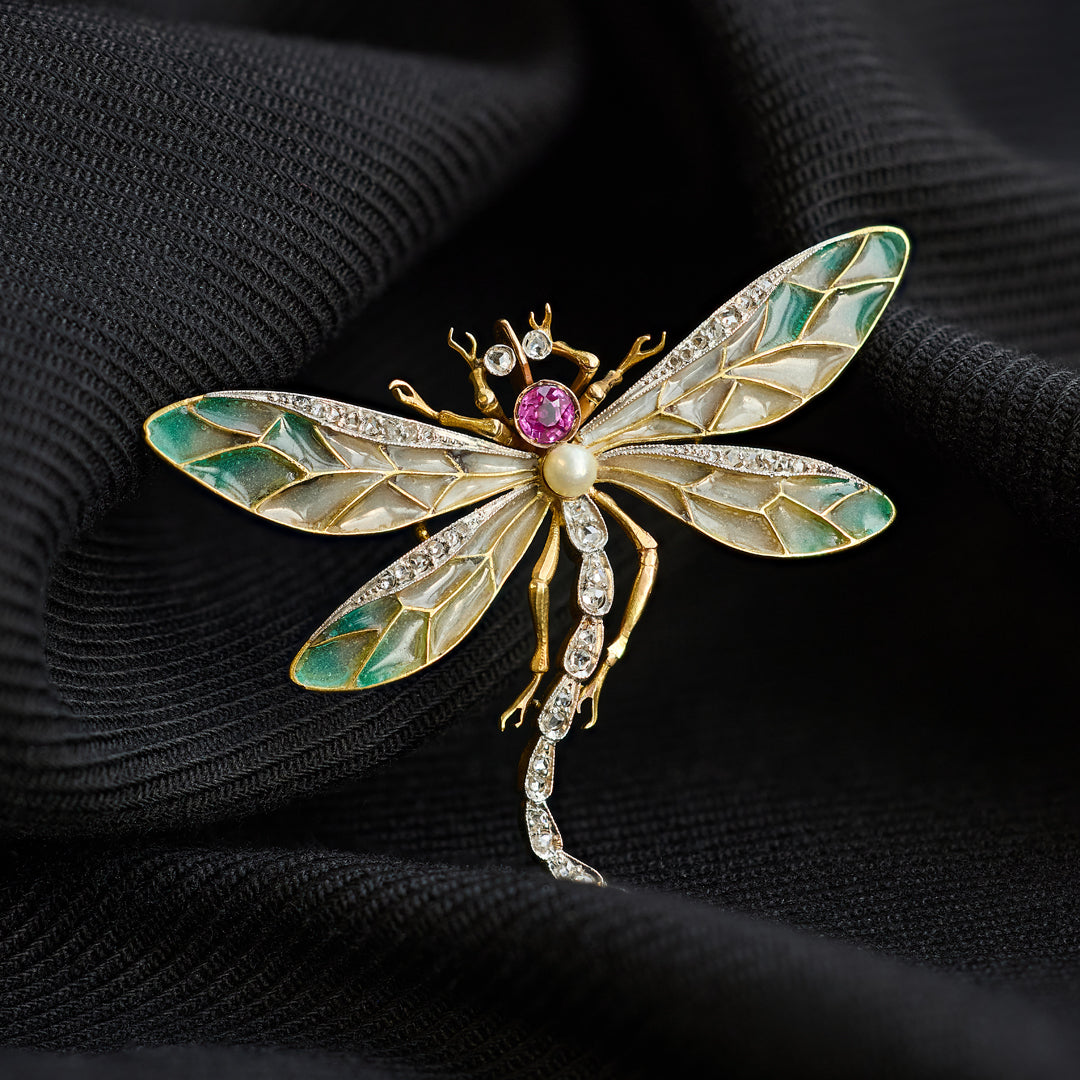 Art Nouveau Plique-A-Jour Pink Sapphire Pearl and Diamond Dragonfly Necklace