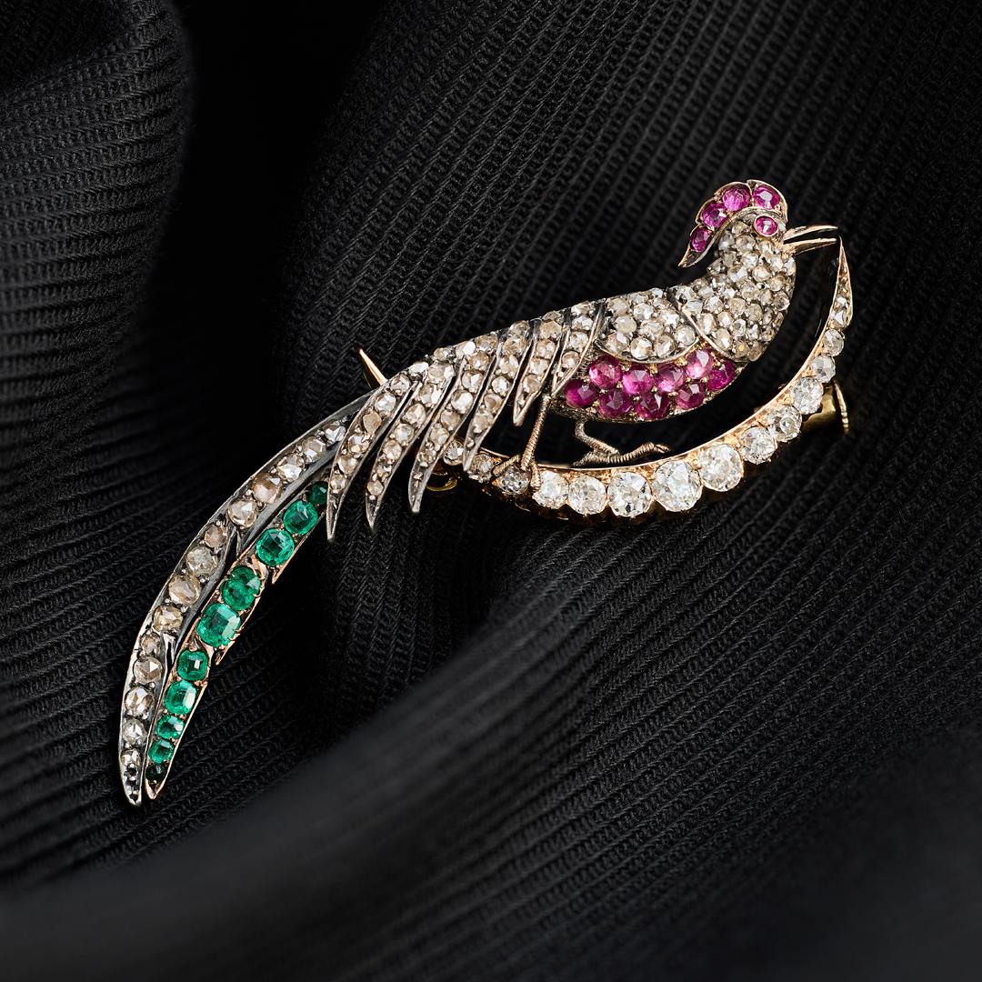 Victorian Ruby Emerald and Diamond Peacock Crescent Brooch