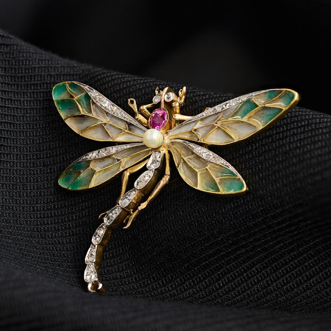 Art Nouveau Plique-A-Jour Pink Sapphire Pearl and Diamond Dragonfly Necklace