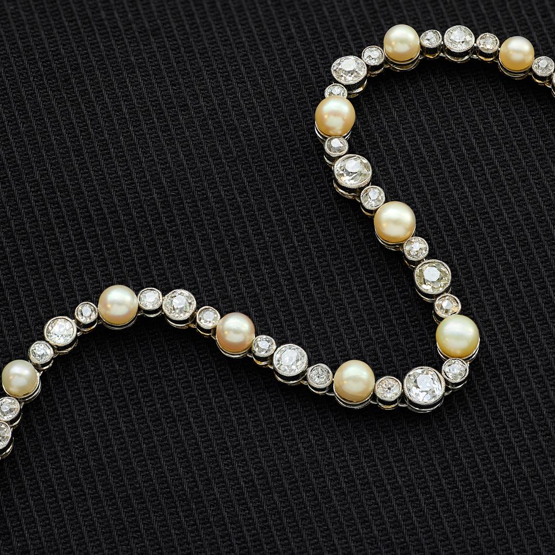 Art Deco Natural Pearl and Old Cut Diamond Line Bracelet